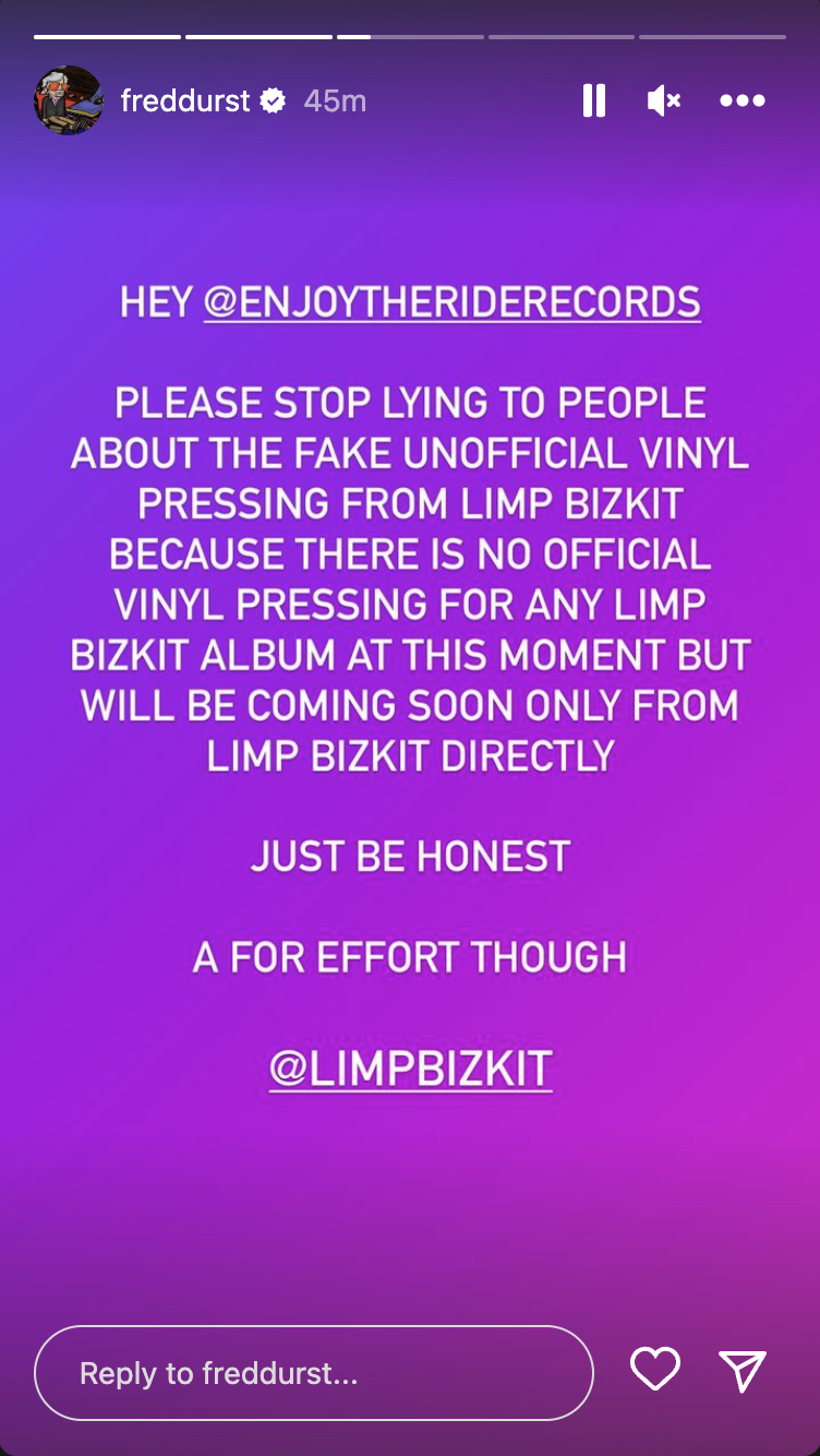 FRED DURST Slams Today's Pressing Of LIMP BIZKIT's Chocolate Starfish And The Hot Dog Flavored Water As "Fake And Unofficial"